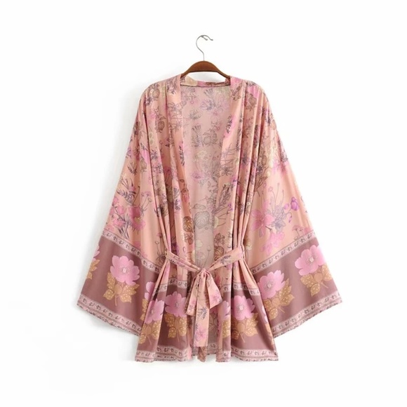 Boho Floral Tropical Print Belted Kimono Cover up - Picture 9 of 13
